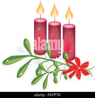 Bouquet de Gui Viscum Album ou avec un ruban rouge pour Noël, célébration de Noël isolé sur fond blanc Illustration de Vecteur