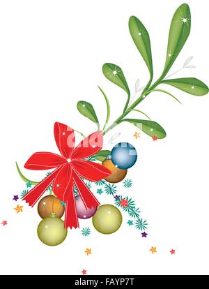 Bouquet de gui et des boules de Noël ou décorations de Noël avec un ruban rouge pour Noël, célébration de Noël isolé sur Whi Illustration de Vecteur