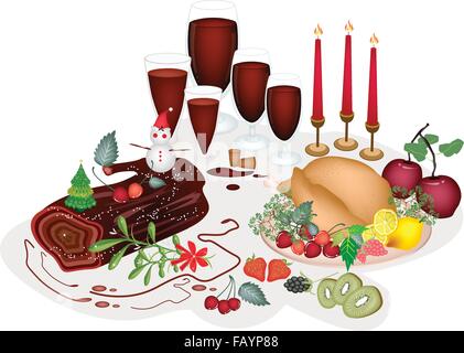 Un dîner de Noël traditionnel de la Dinde rôtie, Fruits, vin rouge et gâteau de Noël ou bûche de Noël gâteau de célébration. Illustration de Vecteur