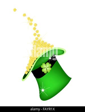 Symboles de Fortune et de chance, Vector Illustration trèfles à quatre feuilles d'or ou de trèfles, tomber dans un Saint Patrick's Hat Banque D'Images