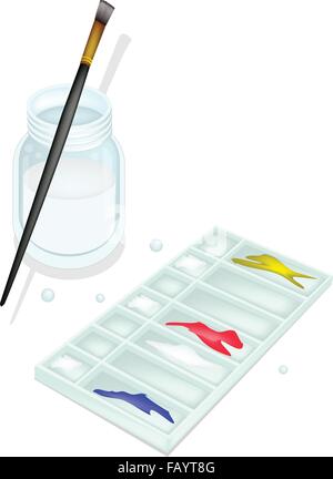 Rouge, bleu et jaune couleur de peinture dans la palette d'art plastique Rectangle avec un métier ou de l'artiste Pinceaux Pinceaux et pot en verre pour Illustration de Vecteur