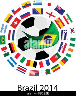 Brésil 2014, une illustration de l'un des drapeaux des 32 Nations Unies autour d'un ballon de soccer de la Coupe du Monde de Football au Brésil. Illustration de Vecteur