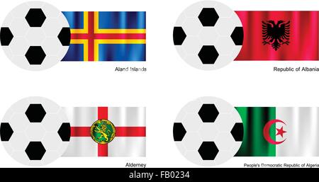 Une illustration de balles ou ballons de soccer avec les drapeaux des îles Aland Albanie, Algérie, Aurigny et isolé sur blanc sur un B Illustration de Vecteur