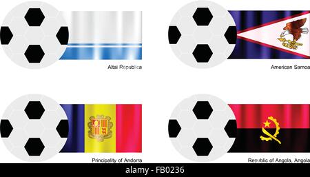 Une illustration de balles ou ballons de soccer avec des drapeaux de la République de l'Altaï, les Samoa américaines, l'Andorre et la République de l'Angola, Angol Illustration de Vecteur