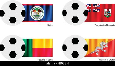 Une illustration de balles ou ballons de soccer avec des drapeaux du Belize, les îles des Bermudes, République du Bénin et le Royaume de Bhut Illustration de Vecteur