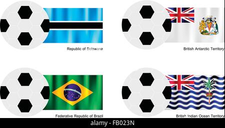 Une illustration de balles ou ballons de soccer avec des drapeaux du Botswana, du Territoire britannique de l'Antarctique, du Brésil et de la Indian Ocea Illustration de Vecteur