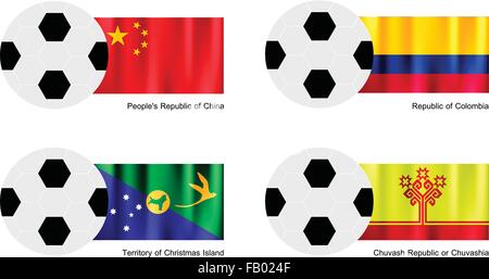 Une illustration de balles ou ballons de soccer avec des drapeaux de la Chine, la Colombie, l'île Christmas et République de Tchouvachie Tchouvachie ou o Illustration de Vecteur