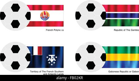 Une illustration de balles ou ballons de soccer avec des drapeaux de la Polynésie française, de la Gambie, Argentina et Illustration de Vecteur