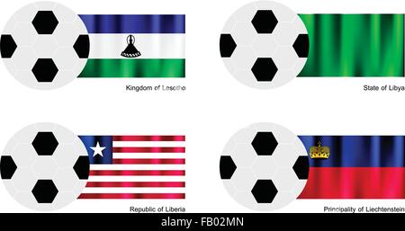 Une illustration de balles ou ballons de soccer avec des drapeaux du Lesotho, Libye, le Libéria et le Liechtenstein sur isolé sur un Blanc Retour Illustration de Vecteur