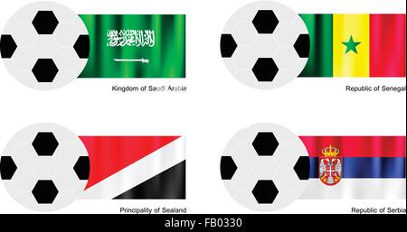 Une illustration de balles ou ballons de soccer avec des drapeaux de l'Arabie saoudite, Sénégal, moto et en Serbie sur des Illustration de Vecteur