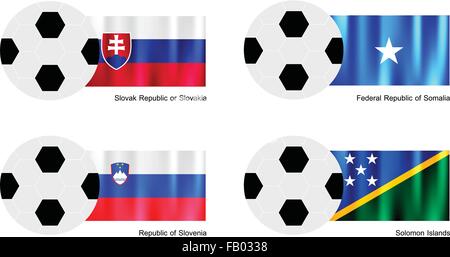 Une illustration de balles ou ballons de soccer avec des drapeaux de la République slovaque ou la Slovaquie, la Somalie, la Slovénie et les Îles Salomon sont Illustration de Vecteur