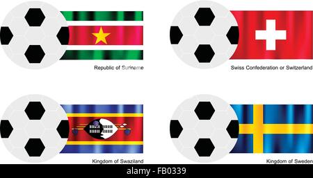Une illustration de balles ou ballons de soccer avec des drapeaux du Suriname, Confédération suisse ou suisse, le Swaziland et la Suède est Illustration de Vecteur