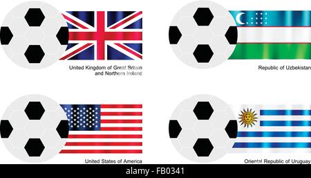 Une illustration de balles ou ballons de soccer avec des drapeaux du Royaume-Uni, de l'Ouzbékistan, États-Unis d'Amérique et l'Uruguay Isol Illustration de Vecteur