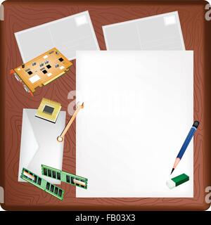 Un Crayon, gomme, ordinateur carte graphique ou carte vidéo et Random Access Memory ou RAM couché sur papier blanc avec un Post Illustration de Vecteur