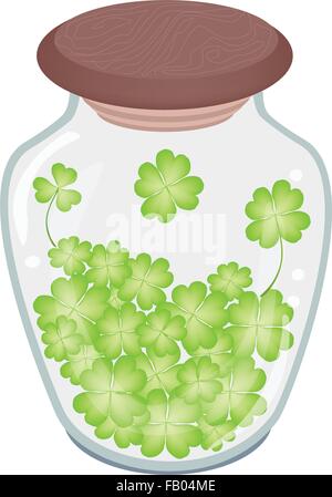 Symboles de Fortune et de chance, Vector Illustration de Trèfle à Quatre Feuilles fraîches ou plantes en pot de verre pour Shamrock St Patricks Day Illustration de Vecteur