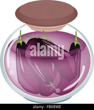 Les légumes, une illustration de l'Aubergine marinés dans la saumure de vinaigre et de sel dans un bocal de verre isolé sur fond blanc. Illustration de Vecteur