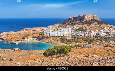 Et l'Acropole de Lindos, Rhodes, l'île du Dodécanèse grec Banque D'Images