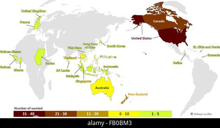 Beijing, Chine. Jan 7, 2016. Des graphiques depuis le site internet de la Commission centrale de contrôle disciplinaire du parti communiste de Chine montre les pays et les régions où l'Adjudant rouge suspects pourraient fuir à. D'ici la fin de novembre 2015, un total de 738 suspects, dont 18 "Notice rouge" fugitifs, ont été capturés à l'étranger depuis la Chine's 'Fox hunt 2015" campagne a débuté en avril 2015. Trente-deux d'entre eux ont été saisi plus de 10 ans après qu'ils ont fui. © Lu Zhe/Xinhua/Alamy Live News Banque D'Images
