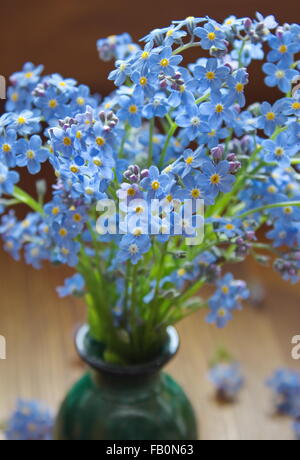 Bouquet de Forget me nots dans vase vert Banque D'Images