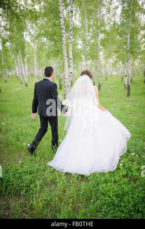 Une nouvelle mariée couple walking through forest, holding hands Banque D'Images