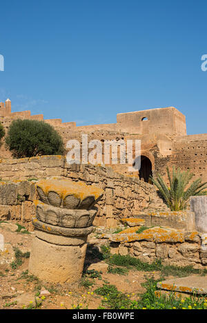 Vestiges de piliers en site archéologique de la ville romaine connue sous le nom de Sala Colonia dans Chellah. C'est la nécropole de Chellah Rabat Banque D'Images