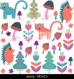 Animaux mignon motif transparent avec les chats et les hérissons et sans motif dans le menu swatch, vector Illustration de Vecteur