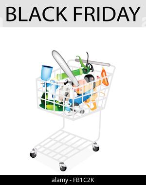 Un panier plein de Capenter Outils pour le Black Friday Magasinage des Fêtes et plus grande promotion d'escompte dans un an. Illustration de Vecteur