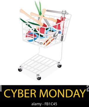 Cyber lundi Panier avec plein d'outils métier de charpentier, Ax, punch de l'oeillet, Rasp et poinçon pour Vendredi Noir saison des achats et Illustration de Vecteur