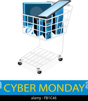 Cyber lundi panier plein d'ordinateur de bureau ou d'ordinateur de bureau pour le Black Friday Magasinage des Fêtes et plus commode Promot Illustration de Vecteur