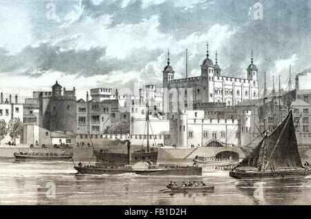 Tour de Londres, le palais royal et forteresse, château historique sur la rive nord de la Tamise, 19e siècle Banque D'Images