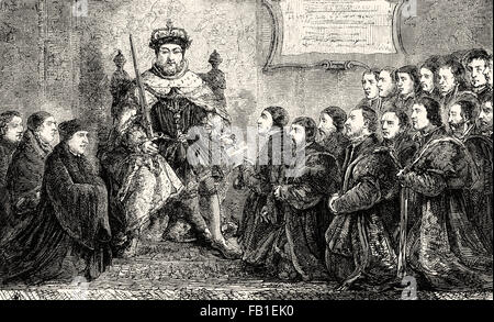 Henry VIII présente la Charte de la compagnie Barber-Surgeons' pour le premier maître, 16e siècle Banque D'Images