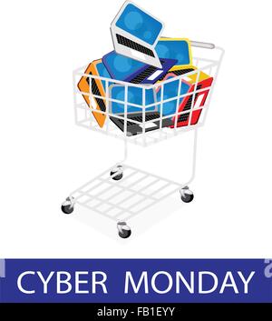 Un panier plein d'ordinateur portable ou ordinateur portable dans le Cyber lundi magasinage des Fêtes et plus grand dans la promotion d'escompte Illustration de Vecteur