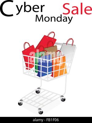 Cyber lundi panier plein de diverses Colorsful Sac papier ou sac cadeau pour le Black Friday Shopping Season et Bigge Illustration de Vecteur