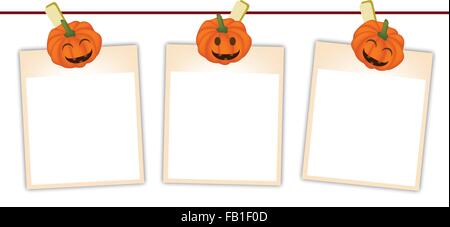 Illustration de trois cases vides Instant Impression de photos ou de transfert d'impression instantanée pendaison le jack-o-Lantern Pumpkin Clothespins, inscrivez-f Illustration de Vecteur