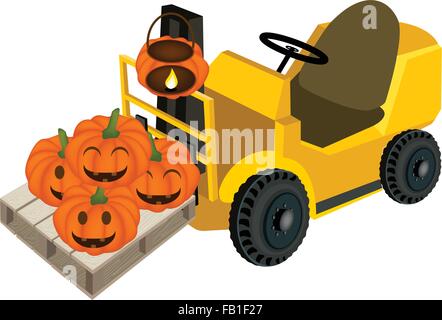 Chariot élévateur à fourche, industriels, de machines lourdes ou du chariot élévateur à fourche Chargement Pile de Happy Jack-o-Lantern Pumpkins in Shop Illustration de Vecteur