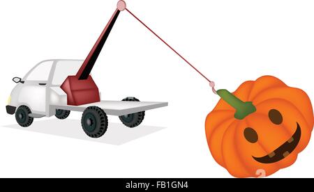 Démolisseur automobile camion de remorquage, récupération Camion, camion ou de la ventilation une ventilation chariot Récupérer Happy Jack-o-Lanterne Citrouille Pour l'Halloween Illustration de Vecteur