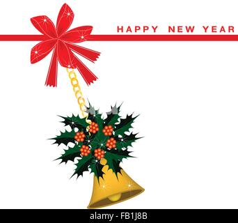 A Christmas Bell et houx de Noël pendaison pendaison sur un arc rouge avec ornements de Noël sur carte de Vœux, signer pour Noël Illustration de Vecteur