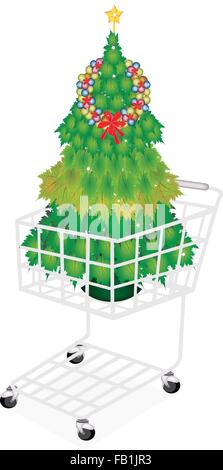 Un panier plein d'arbre de Noël de feuilles d'érable vertes ornées de couronne de Noël de Noël et Golden Star, Sign Illustration de Vecteur