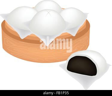 Le Japon traditionnel, Illustration de Chinese Steamed Bun farci aux haricots noirs doux en crème panier de bambou ou bambou chinois St Illustration de Vecteur