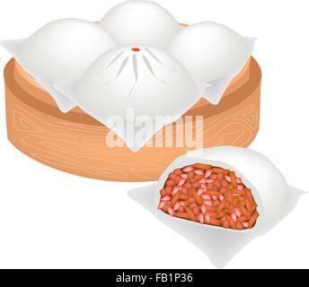 Le Japon traditionnel, Illustration de Steamed Bun farci de porc grillées en panier de bambou bambou chinois ou le bateau à vapeur. Illustration de Vecteur