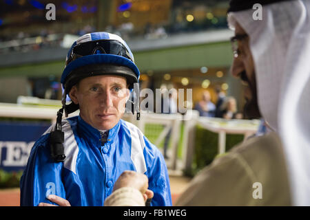 Dubaï, Émirats arabes unis. 07Th Jan, 2016. Paul Casino en peu de temps avant l'équitation à Ertijaal Thourghbreds 3 course gagner le handicap évalué à 100-113 Meydān Crédit : Tom Morgan/Alamy Live News Banque D'Images