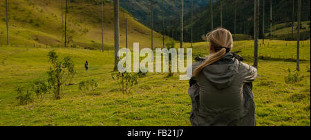 Fille avec veste gris assis sur l'herbe verte regarder de hauts palmiers dans la vallée de Cocora Banque D'Images