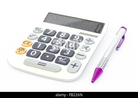 Stylo calculatrice avec isolé sur fond blanc, stock photo Banque D'Images