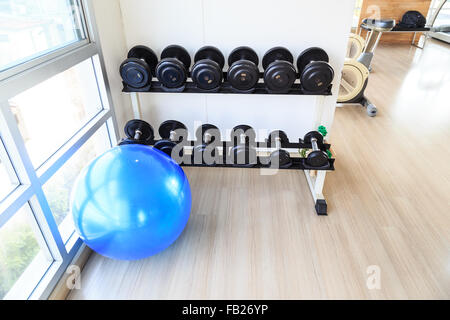 Se concentrer sur les haltères sur les étagères et big blue ball aérobie dans une salle de sport avec espace suffisant Banque D'Images