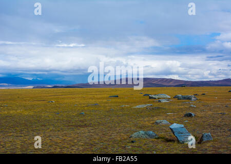 Paysage de steppe avec de grandes pierres à l'avant plan, vue montagnes, ciel bleu avec des nuages. Chuya, Kuray Steppe steppe dans le Sib Banque D'Images