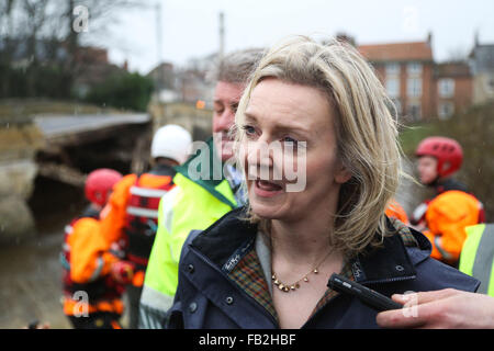 Secrétaire d'État à l'environnement, de l'Alimentation et des Affaires rurales de l'Elizabeth Truss visites Tadcaster, Yorkshire du Nord, pour voir l'endommagé Banque D'Images