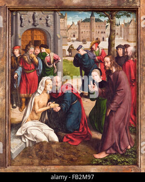 Kalkar, St. Nicolaikirche, Hochaltar (1488-1506), von Flügel Jan Joest (1505-1509), Lazare Kalkarer Auferweckung des mit Rathaus im Hintergrund Banque D'Images