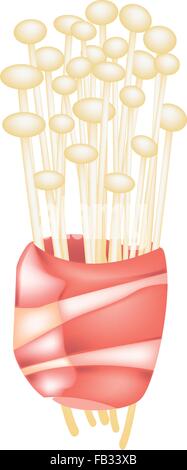 La cuisine japonaise, Illustration de champignons Enoki ou l'aiguille d'or enveloppé de Bacon champignons isolés en fond blanc. Illustration de Vecteur