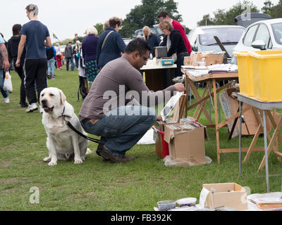 Un homme choisit les disques vinyles à partir d'un fort à un vide grenier tandis que son retriever dog attend patiemment Banque D'Images