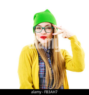 Hipster Girl Going Crazy Funny isolated on White Banque D'Images